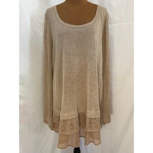 r2 Tan Marl Knit Layered Lace Chiffon Hem Tunic Top Womens Medium Y5174